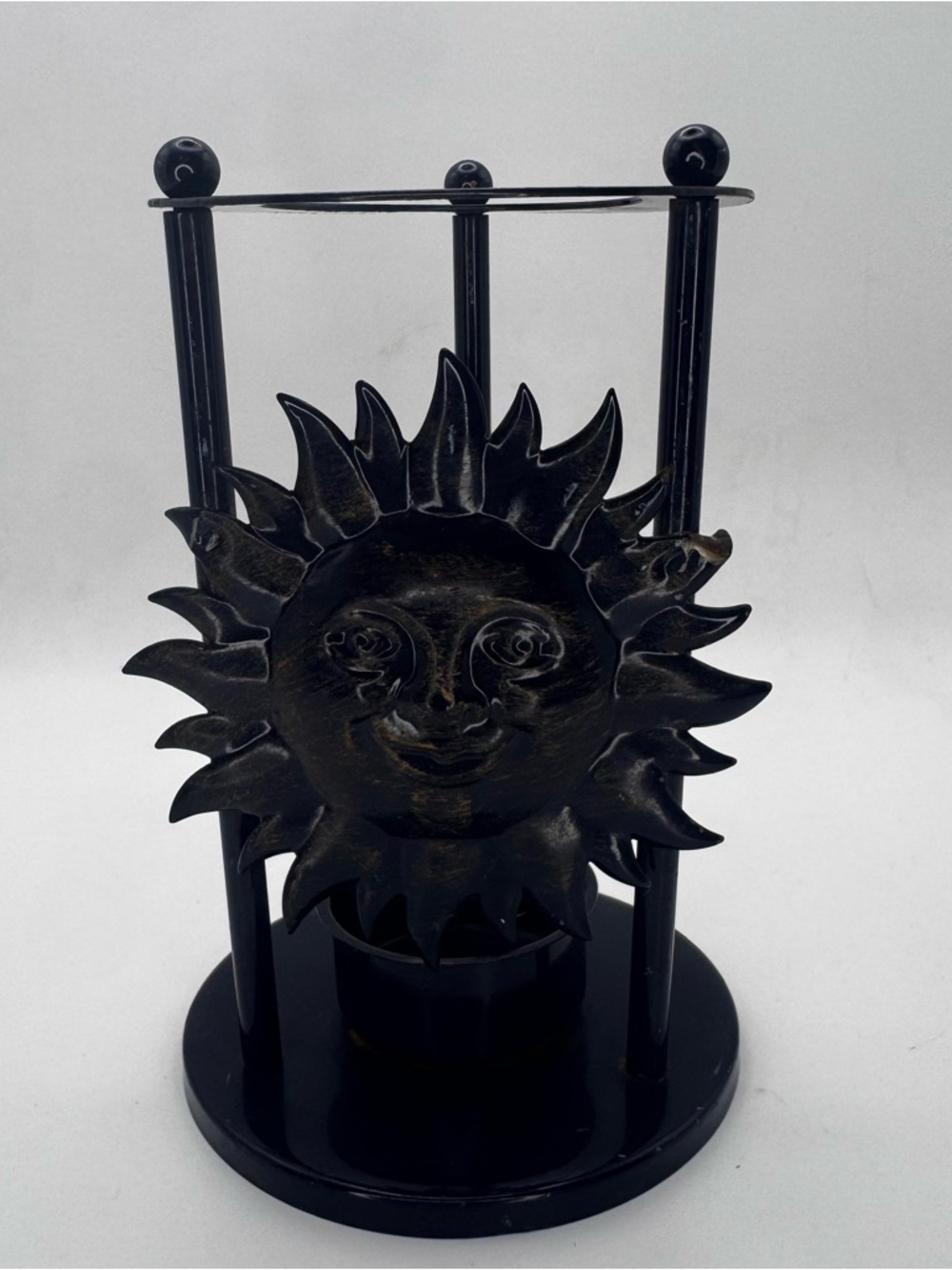 Sun Face Tealight Candle Holder Blue/Black Metal 5” Boho Decor - Picture 3 of 6